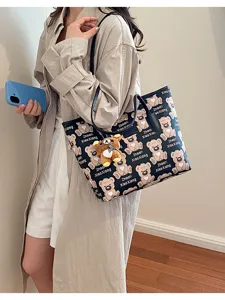 Sac cabas imprimé ours mignon, grand sac à main fourre-tout, sac décontracté élégant.