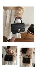 Elegante schwarze gewebte Leder Umhängetasche mit Griff und Metallverschluss für Damen.