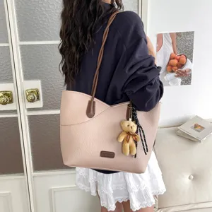 Women fashion contrast color PU leather tote bag casual shoulder handbag with cute bear pendant