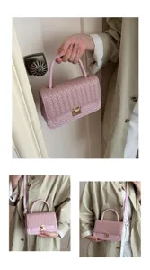 Modische rosa gewebte Leder Umhaengetasche mit Tragegriff kleine Handtasche fuer Damen