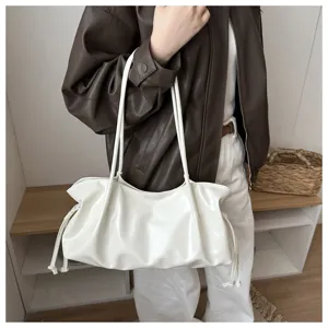Stylish white PU leather shoulder bag for women, trendy pleated design with top handles.