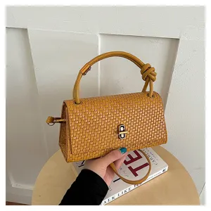 Yellow woven handbag with knotted handle and turn lock, chic stylish crossbody bag for women