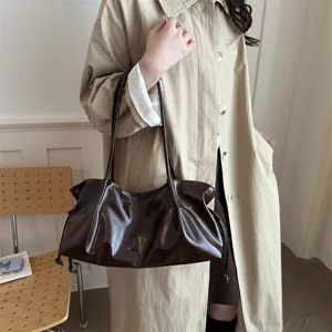 Women retro glossy leather shoulder bag large capacity commuting baguette handbag