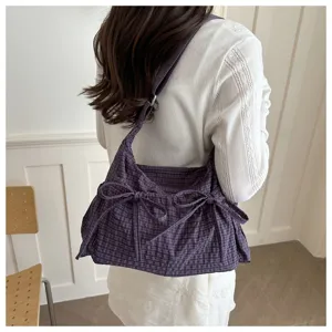 Borsa a tracolla a quadri stile coreano da donna con fiocco carino e cinturino regolabile.