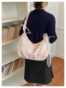 Pink plaid canvas shoulder bag with cute lace trim, casual large capacity daily tote.
