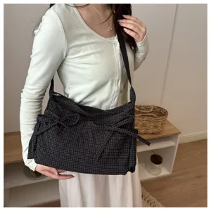 Borsa a tracolla a quadri in stile coreano casual, borsa da lavoro con graziosi fiocchi per donna.