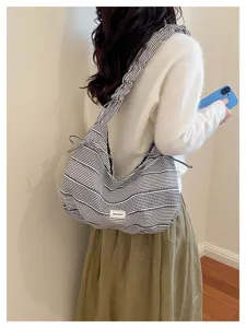 Casual striped canvas shoulder bag with ruffle strap large capacity commuter handbag women