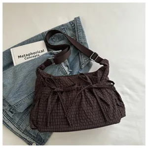 Borsa a tracolla a quadri marrone stile coreano, borsa messenger casual da donna elegante.