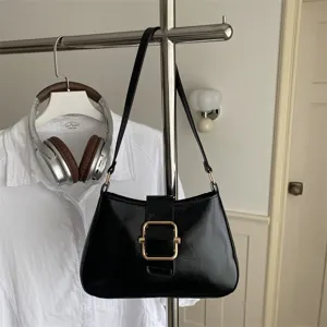 Borsa Sottoascella da Donna Vintage in PU Tinta Unita Fibbia Quadrata in Metallo Borsa a Spalla Moda Pendolare Elegante Classica