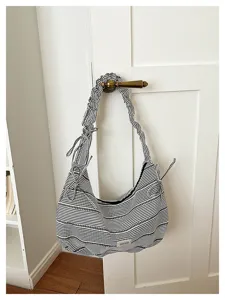 Chic black white striped canvas shoulder bag with gathered strap and cute side bow details casual