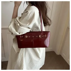 Women stylish wine red shoulder underarm bag minimalist PU leather handbag for daily commute