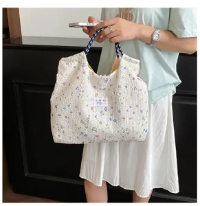 Floral textured shoulder tote bag casual large capacity handbag for women summer fashion
