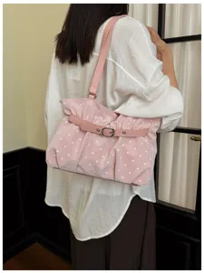 Pink polka dot ruched shoulder bag for women, soft leather casual crossbody tote bag.