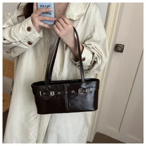 Stylish dark brown PU leather shoulder bag for women, featuring chic buckle and strap design.