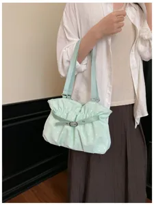 Korean style mint green polka dot pleated shoulder bag, soft leather fashion casual tote.