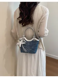 Korean style denim bucket shoulder bag with silver trim and cute star charm for women commute
