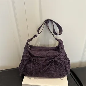 Borsa a Tracolla Plaid in Stile Coreano Grande Capacità in Tessuto Con Fiocco Borsa Messenger Casual da Donna