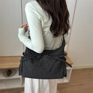 Borsa a tracolla a quadri stile coreano per donna, borsa a spalla carina con fiocco casual.