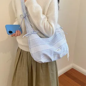Blue and white striped canvas shoulder bag with bow and lace trim casual hobo handbag