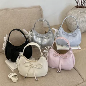 Modische einfarbige Schleife Hobo Umhängetasche lässige Pendler Teigtasche Handtasche Damen