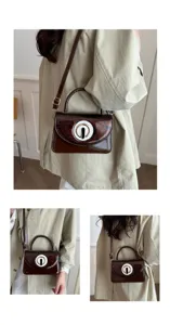 Elegante bolso de hombro de charol para mujer con cierre circular único y moderno.