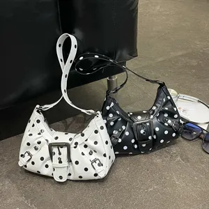 Bolso de hombro elegante para mujer con lunares, bolso hobo retro chic con hebilla.