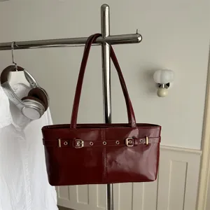 Fashion PU Leather Underarm Shoulder Bag For Women Solid Color Commuting Tote Bag With Belt Buckle Zipper Messenger Hobo Bag