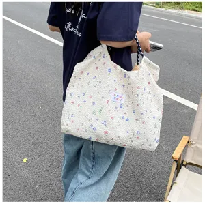 Floral crinkle fabric shoulder tote bag, casual daily large capacity handbag for women.