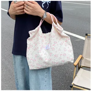 Floral print shoulder tote bag with pink handles, stylish large capacity casual bag for women