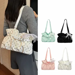 Korean Polka Dot Pleated Shoulder Bag For Women PU Leather Tote Bag Fashion Simple Commuting Crossbody Bag Pearl Bow Pendant