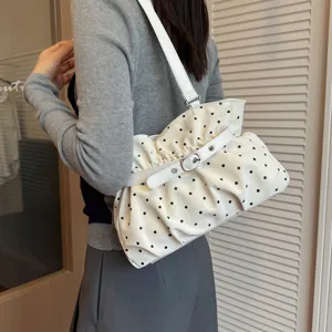 Korean style soft leather shoulder bag with chic ruched design and black white print for women.