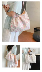 Floral pleated shoulder bag large capacity casual tote bag sweet style daily commuting handbag
