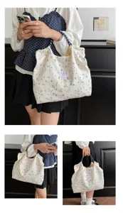 Chic floral crinkle fabric tote bag with blue checkered handles for women daily casual use.