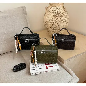 Woven box shoulder bag for women stylish top handle crossbody handbag with beaded charm