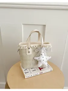 Beige tweed mini bucket bag with lace trim and cute star pendant for women daily casual commute.