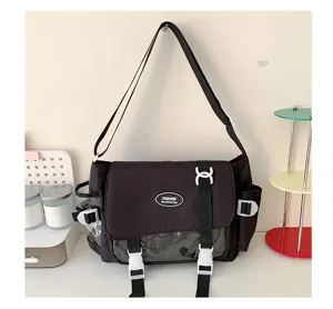 Casual black ita shoulder messenger bag with clear window, large capacity, and durable straps.