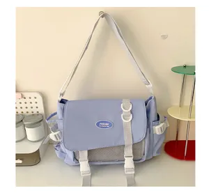 Light purple college style messenger bag with transparent mesh front pocket and dual buckle design.