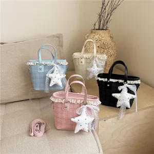 Tweed plaid bucket bag women casual shoulder crossbody handbag with lace star pendant cute.