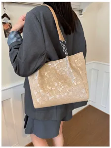 Detailed view of women's stylish casual large capacity shoulder tote bag with unique number print.