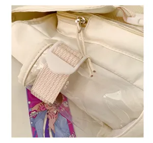 Detail shot of a cream canvas itabag with clear pocket and buckle, stylish casual messenger.