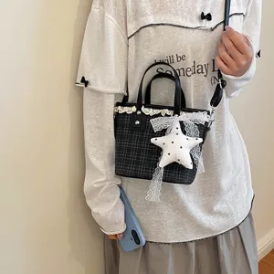 Chic plaid tote bag for women, stylish shoulder crossbody bag with lace and star charm.
