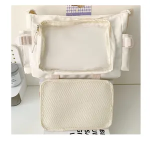 Casual canvas messenger bag with clear front pocket, multi-purpose crossbody ita bag.
