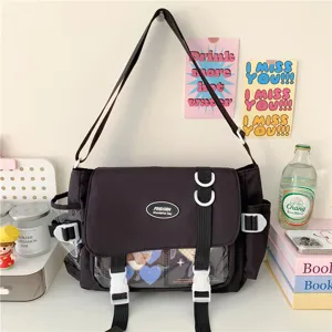 Women Large Capacity Ita Bag Transparent Messenger Bag College Style Nylon Multi-Pocket Crossbody Shoulder Bag Student Schoolbag