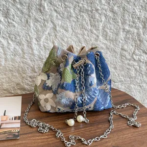 Damen Urlaub Blumen Stickerei Pailletten Beuteltasche Vintage Metallkette Perle Quaste Umhängetasche Für Party Bankett Handtasche
