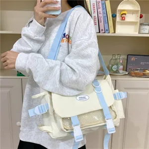 Casual college style ita messenger bag, large capacity canvas shoulder bag with clear window.