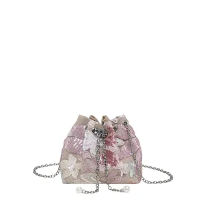 Damen Pailletten Eimer Tasche Blumen Stickerei Schultertasche fuer Party und Urlaub
