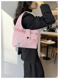 Classic red and white plaid tote bag, minimalist commuter casual shoulder bag detail view.
