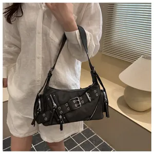 Black PU leather moto shoulder bag chic punk style baguette bag for women daily wear
