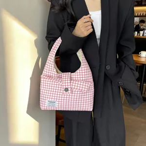 Casual red white plaid hobo shoulder bag retro minimalist commuting tote bag for women.