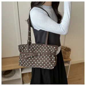 Borsa tote marrone a pois casual da donna, elegante borsa a spalla di grande capacità per lavoro.